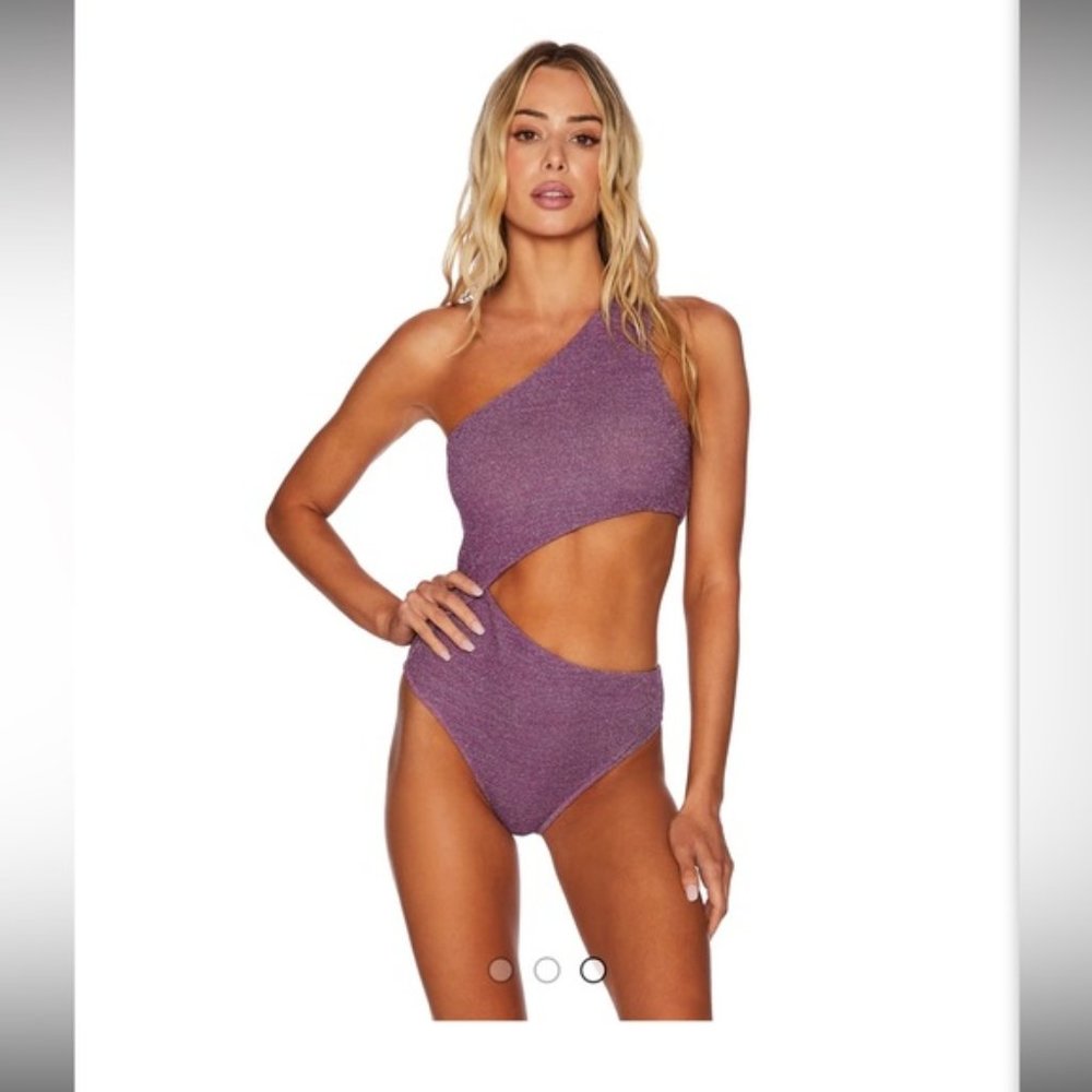 NEW BEACH RIOT METALLIC PURPLE SPARKLE CELINE SIDE CUT OUT ONE-PIECE SWIMSUIT